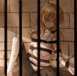 Rule 34 | 1girl, bad id, bad pixiv id, barefoot, bars, black shorts, blonde hair, blurry, bow, braid, brick wall, bruise, chain, chained, chain, collarbone, cuffs, depth of field, faceless, flat chest, hair bow, hair over eyes, head tilt, injury, kirisame marisa, leaning back, legs, light, light particles, light rays, long hair, meng ziya, no eyes, no mouth, prison, prison cell, prison clothes, scratches, shackles, shaded face, shadow, shorts, single braid, sitting, sleeves rolled up, solo, spread legs, stone wall, touhou, wall