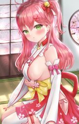 Rule 34 | 1girl, absurdres, ahoge, bell, blush, breasts, detached sleeves, floral print, green eyes, hair bell, hair between eyes, hair ornament, highres, hololive, japanese clothes, kimono, large breasts, long hair, looking at viewer, nontraditional miko, open mouth, parted lips, pink hair, sakura miko, sakura miko (1st costume), sideboob, solo, uni ikura, virtual youtuber, x hair ornament