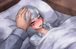 Rule 34 | 1girl, blush, breath, burn scar, commentary, dorei to no seikatsu ~teaching feeling~, dress shirt, half-closed eyes, hand on another&#039;s head, long hair, looking at viewer, lying, official art, on bed, parted lips, ray-k, scar, shirt, sick, grey eyes, silver hair, solo focus, sweat, nervous sweating, sylvie (dorei to no seikatsu), towel, towel on head, under covers