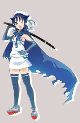 Rule 34 | 10s, 1girl, :d, ;d, blue hair, blush, cape, elbow gloves, full body, gloves, green eyes, hair flaps, hair ribbon, hand on own hip, hat, highres, holding, holding sword, holding weapon, kantai collection, katana, long hair, looking at viewer, low twintails, miniskirt, neckerchief, one eye closed, open mouth, ribbon, sailor hat, school uniform, serafuku, sheath, sheathed, shirt, simple background, skirt, sleeveless, sleeveless shirt, smile, solo, standing, suzukaze (kancolle), sword, thighhighs, twintails, weapon, white skirt, yokoshima (euphoria), zettai ryouiki