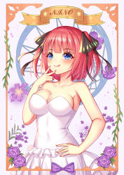 1girl, :q, absurdres, bangs, bare shoulders, black ribbon, blue eyes, blunt bangs, blush, border, breasts, butterfly hair ornament, character name, cleavage, closed mouth, collarbone, commentary, covered navel, cowboy shot, dress, eyebrows visible through hair, fingernails, flower, frilled dress, frills, go-toubun no hanayome, hair ornament, hair ribbon, hand on hip, highres, kensei (ciid), large breasts, long fingernails, looking at viewer, nail polish, nakano nino, pink hair, pink nails, ribbon, short hair, sidelocks, smile, solo, standing, strapless, strapless dress, tongue, tongue out, two side up, v, wedding dress, white background, white dress