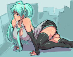 Rule 34 | 1girl, alternate breast size, aqua hair, bare shoulders, black thighhighs, blue eyes, breasts, cleavage, detached sleeves, hatsune miku, large breasts, lips, long hair, lying, miniskirt, naughty face, necktie, panties, pantyshot, pleated skirt, sashizume soutarou, seductive smile, shiny skin, skirt, smile, solo, striped clothes, striped panties, thick lips, thick thighs, thighhighs, thighs, twintails, underwear, upskirt, very long hair, vocaloid