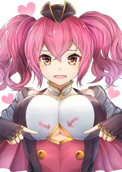 Rule 34 | 10s, 1girl, :d, arrow (symbol), black gloves, black hat, blush, breasts, brown eyes, cleavage, cleavage cutout, clothing cutout, crossed bangs, fingerless gloves, gloves, granblue fantasy, hair between eyes, hat, heart, heart-shaped pupils, large breasts, looking at viewer, luse maonang, mena (shingeki no bahamut), open mouth, paizuri invitation, pink hair, pointing, pointing at self, presenting, shingeki no bahamut, simple background, sleeveless, smile, solo, symbol-shaped pupils, twintails, underboob, underboob cutout, upper body, wavy hair, white background