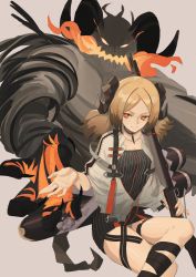 Rule 34 | 1girl, absurdres, arknights, black choker, black dress, blonde hair, breasts, canister, chinese commentary, choker, cleavage, collarbone, commentary, cowboy shot, demon, demon horns, dress, english commentary, flamethrower, grey background, grin, highres, horns, ifrit (arknights), invisible chair, jacket, leg wrap, looking at viewer, medium hair, mixed-language commentary, off-shoulder dress, off shoulder, open clothes, open jacket, orange eyes, parted bangs, rui (1079069837), short dress, sitting, small breasts, smile, spirit, striped clothes, striped dress, thighs, twintails, vertical-striped clothes, vertical-striped dress, weapon, white jacket