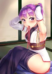 Rule 34 | 1girl, absurdres, armpits, arms behind head, arms up, bad id, bad pixiv id, blush, breasts, cosplay, fate/grand order, fate (series), helena blavatsky (fate), highres, indoors, japanese clothes, looking at viewer, mouth hold, purple eyes, purple hair, short hair, side ponytail, sliding doors, small breasts, solo, tatami, thighs, tomoe gozen (fate), tomoe gozen (fate) (cosplay), tomojo