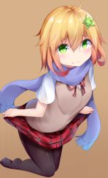 Rule 34 | 1girl, black pantyhose, blouse, blue scarf, blush, brown background, closed mouth, full body, gabriel dropout, green eyes, hair between eyes, hair ornament, kneeling, kyuukon (qkonsan), looking at viewer, no shoes, orange hair, pantyhose, plaid, plaid skirt, red skirt, scarf, shirt, simple background, skirt, skirt hold, solo, sweater vest, tapris chisaki sugarbell, white shirt