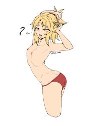 Rule 34 | 1girl, ;o, ?, armpits, arms behind head, ass, back, blonde hair, blush, braid, cropped legs, fate/apocrypha, fate (series), green eyes, highres, kuso otoko, mordred (fate), mordred (fate/apocrypha), nipples, one eye closed, panties, ponytail, red panties, simple background, smile, solo, squeans, teeth, topless, underwear, underwear only, white background, yawning