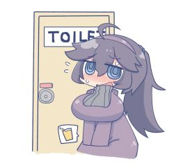 Rule 34 | 1girl, @ @, ahoge, alternate hairstyle, blue eyes, blush, breasts, chibi, creatures (company), door, dress, embarrassed, english text, female focus, flying sweatdrops, game freak, hair between eyes, hair tie, hairband, have to pee, hex maniac (pokemon), jpeg artifacts, large breasts, long hair, long sleeves, nintendo, nose blush, ooyama bokuchi, open mouth, own hands together, pokemon, pokemon xy, ponytail, purple dress, purple hair, purple hairband, simple background, sleeves past fingers, sleeves past wrists, solo, speech bubble, standing, sweat, turtleneck, turtleneck dress, urine meter, v arms, white background