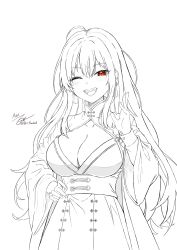 Rule 34 | :d, blush, breasts, china dress, chinese clothes, chinese knot, coat, dress, earrings, goddess of victory: nikke, greyscale, hand on own hip, highres, jewelry, kadiel, large breasts, lineart, long hair, long sleeves, monochrome, moran (nikke), one eye closed, open mouth, red eyes, signature, smile, spot color, tassel, tassel earrings, twitter username, waving