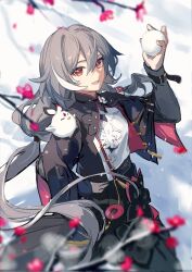 Rule 34 | 1girl, animal, animal on shoulder, bird, birthday, black skirt, black sleeves, branch, breasts, chinese clothes, chinese commentary, fu hua, fu hua (herrscher of sentience), grey hair, hair between eyes, hand on own hip, highres, holding, holding snowball, honkai (series), honkai impact 3rd, jingwei (bird), long hair, long skirt, long sleeves, low ponytail, multicolored hair, open mouth, qqqne, red eyes, shirt, skirt, small breasts, snow, snowball, streaked hair, white background, white shirt