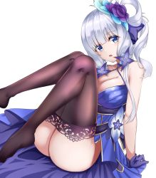 Rule 34 | 1girl, arm support, ass, azur lane, bare shoulders, benedia, blue choker, blue dress, blue eyes, blue gloves, breasts, brown thighhighs, choker, cleavage, criss-cross halter, dress, flower, gloves, hair flower, hair ornament, hair ribbon, hair rings, halterneck, head tilt, illustrious (azur lane), illustrious (never-ending tea party) (azur lane), lace trim, large breasts, long hair, looking at viewer, no shoes, parted lips, purple flower, revision, ribbon, silver hair, simple background, sitting, sleeveless, sleeveless dress, solo, thighhighs, white background