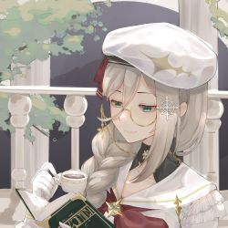 Rule 34 | 1girl, aia amare, beret, book, braid, chinese commentary, collarbone, column, cup, dress, gloves, hair behind ear, hair between eyes, hair ornament, hat, highres, holding, holding book, holding cup, nijisanji, nijisanji en, pillar, sailor collar, smile wind, solo, teacup, tree, virtual youtuber, white dress, white gloves, white hat