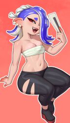 Rule 34 | 1girl, absurdres, black footwear, black pants, blue hair, boots, breasts, chest sarashi, cleavage, earrings, fang, hair over one eye, hand fan, highres, holding, holding fan, jewelry, lips, looking at viewer, medium hair, navel, nintendo, octoling, open mouth, pants, pointy ears, red background, red eyes, red lips, riz, sarashi, shiny skin, shiver (splatoon), simple background, small breasts, smile, solo, splatoon (series), splatoon 3, teeth, tentacle hair