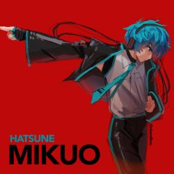 Rule 34 | 1boy, aqua eyes, aqua hair, aqua necktie, black jacket, black pants, character name, commentary, english commentary, facing to the side, gloves, grey shirt, hatsune mikuo, headphones, highres, jacket, looking down, male focus, necktie, okamiikuu, pants, parted lips, red background, shirt, sketch, sleeveless, sleeveless shirt, solo, teeth, twitter username, vocaloid