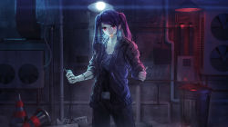 Rule 34 | 1girl, absurdres, air conditioner, alley, backlighting, black hair, cigarette, cyberpunk, cyberpunk (series), cyberpunk 2077, cyborg, earrings, highres, jacket, jewelry, jill stingray, joints, leather, leather jacket, long hair, looking at viewer, mechanical arms, neon trim, robot joints, sidelocks, single mechanical arm, smoking, solo, swept bangs, twintails, va-11 hall-a, xiaomai yorik