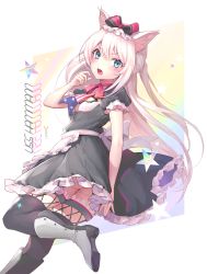 Rule 34 | 1girl, american flag, american flag print, animal ears, apron, ass, azur lane, bad id, bad pixiv id, black dress, black thighhighs, blue eyes, boots, bow, cat ears, character name, dress, fishnet thighhighs, fishnets, flag print, frown, hair bow, hammann (azur lane), highres, long hair, looking at viewer, looking back, luna nyann, open mouth, puffy short sleeves, puffy sleeves, short sleeves, silver hair, solo, tearing up, tears, thighhighs, very long hair, waist apron, wind, wind lift
