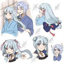 Rule 34 | 1boy, 1girl, alternate hairstyle, ayaka (genshin impact), blue eyes, blue hair, blunt bangs, blush, brother and sister, brushing another&#039;s hair, brushing hair, choker, closed eyes, closed mouth, covering own mouth, double bun, genshin impact, gyoju (only arme nim), hair brush, hair bun, hair ornament, hair ribbon, hand over own mouth, highres, japanese clothes, kamisato ayato, mole, mole under eye, mole under mouth, multiple views, open mouth, ribbon, siblings, smile, sparkle, twintails, yellow choker