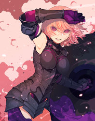 Rule 34 | 1girl, arm up, armor, armored leotard, armpits, bare shoulders, black armor, black leotard, breasts, clenched teeth, commentary, cowboy shot, elbow gloves, fate/grand order, fate (series), gauntlets, gloves, holding, holding shield, leotard, looking at viewer, mash kyrielight, medium breasts, parted lips, pink hair, purple eyes, purple gloves, shield, short hair, solo, standing, sungwon, teeth, underbust, wind