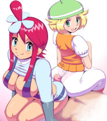 Rule 34 | 1boy, 2girls, apostle, ass, ass-to-ass, bianca (pokemon), blonde hair, blue eyes, breasts, buttjob, buttjob over clothes, creatures (company), cum, cooperative buttjob, game freak, girl on top, green eyes, gym leader, hair ornament, hat, huge ass, large breasts, long skirt, multiple girls, nintendo, panties, pantyhose, pantylines, penis, pokemon, precum, red hair, short hair, sitting, sitting on lap, sitting on person, skirt, skyla (pokemon), smile, suspenders, teamwork, thick thighs, thighs, uncensored, underwear, wide hips