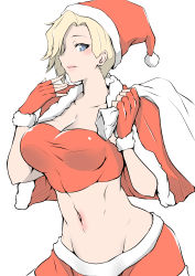Rule 34 | 1girl, absurdres, bandeau, blonde hair, blue eyes, breasts, capelet, christmas, cleavage, collarbone, fingerless gloves, fur-trimmed capelet, fur-trimmed gloves, fur trim, gggg, gloves, groin, hand to own mouth, hand up, hat, highres, large breasts, looking at viewer, mercy (overwatch), navel, open mouth, overwatch, overwatch 1, parted lips, pom pom (clothes), red gloves, red hat, sack, santa hat, short hair, simple background, skirt, solo, stomach, strapless, white background