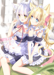 Rule 34 | 2girls, :d, ahoge, animal ear fluff, animal ears, apron, aruka (alka p1), black dress, black sleeves, blonde hair, blue eyes, blush, breasts, cat ears, cat girl, cat tail, cleavage, collar, commentary request, day, detached collar, detached sleeves, dress, frilled apron, frilled dress, frills, grin, hair between eyes, hand up, highres, holding hands, long hair, maid, maid headdress, medium breasts, multiple girls, open mouth, original, pillow, puffy short sleeves, puffy sleeves, short sleeves, silver hair, sitting, smile, sunlight, tail, very long hair, waist apron, white apron, white collar, window, wing collar, yellow eyes