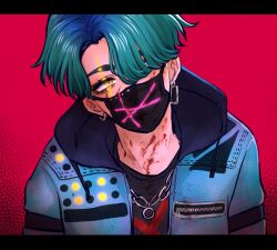 Rule 34 | 1boy, animification, aqua hair, black hoodie, blood, blue jacket, chain, dead by daylight, earrings, hair over one eye, head tilt, highres, hood, hood down, hoodie, jacket, jewelry, letterboxed, looking up, male focus, one eye covered, orange eyes, portrait, red background, ritomidi, short hair, solo, the trickster (dead by daylight)