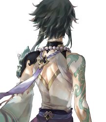 Rule 34 | 1boy, arm tattoo, armor, back, back focus, bead necklace, beads, black hair, commentary request, from behind, genshin impact, green hair, highres, jewelry, male focus, multicolored hair, necklace, shiraishi (siraisi00), simple background, solo, spikes, tattoo, upper body, white background, xiao (genshin impact)