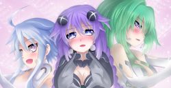 Rule 34 | 10s, ahoge, blanc (neptunia), blue eyes, blue hair, blush, braid, breasts, cleavage, elbow gloves, gloves, green hair, green heart (neptunia), hair ornament, heart, heart hands, highres, large breasts, long hair, looking at viewer, multiple girls, neptune (neptunia), neptune (series), open mouth, planeptune, ponytail, power symbol, power symbol-shaped pupils, purple eyes, purple hair, purple heart (neptunia), red eyes, short hair with long locks, sidelocks, smile, symbol-shaped pupils, twin braids, vert (neptunia), very long hair, white heart (neptunia)
