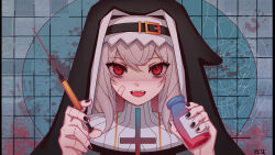 Rule 34 | absurdres, arknights, bandaid, black headwear, bottle, coif, fangs, grey hair, habit, highres, holding, holding bottle, holding syringe, long hair, looking at viewer, luai (qq), nun, open mouth, red eyes, scar, specter (arknights), syringe