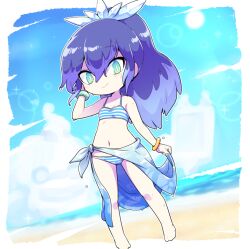 Rule 34 | 1girl, beach, bikini, blue bracelet, blue eyes, blue sarong, breasts, bright pupils, cloud, crystal hair ornament, fubukihime, gold bracelet, high ponytail, lens flare, multicolored hair, navel, nollety, purple hair, sarong, shore, small breasts, smile, solo, striped bikini, striped clothes, sun, swimsuit, two-tone hair, water drop, wet, white pupils, youkai watch