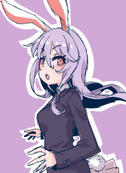Rule 34 | 1girl, :o, animal ears, black jacket, collared shirt, highres, jacket, kuro-ekaki, long hair, long sleeves, looking at viewer, necktie, open mouth, outline, pink background, pink hair, pink skirt, rabbit ears, rabbit girl, rabbit tail, red eyes, red necktie, reisen udongein inaba, shirt, skirt, solo, tail, touhou, upper body, white outline