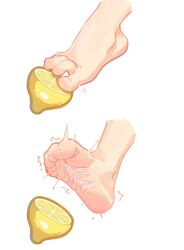 Rule 34 | 1other, barefoot, commentary request, disembodied foot, feet, food, foot focus, fruit, highres, lemon, meme, original, simple background, soles, thour (meme), toe scrunch, toenails, toes, v.a. (vanilla), white background