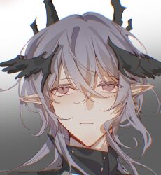 Rule 34 | 1boy, arknights, brown eyes, gradient background, grey background, grey hair, hair between eyes, highres, lan2546426, logos (arknights), looking at viewer, male focus, parted lips, pointy ears, portrait, solo, white background
