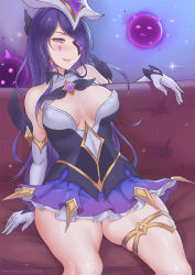 Rule 34 | 1girl, :3, :d, bare shoulders, blush, breasts, center opening, choker, cleavage, couch, elbow gloves, eliskalti, eyepatch, familair, gloves, half-closed eyes, league of legends, looking at viewer, magical girl, medium breasts, on couch, open mouth, purple eyes, purple hair, sitting, skirt, smile, solo, star guardian (league of legends), star guardian syndra, syndra, thick thighs, thigh strap, thighs, wavy mouth