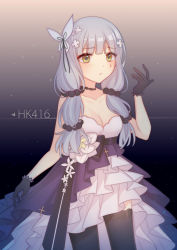 Rule 34 | 1girl, alternate hairstyle, bare arms, bare shoulders, black bow, black choker, black gloves, black thighhighs, blunt bangs, blush, bow, breasts, character name, choker, cleavage, collarbone, cowboy shot, dress, egg (rxlal), facepaint, facial mark, flower, girls&#039; frontline, gloves, green eyes, hair flower, hair ornament, hair ribbon, hairband, highres, hk416 (girls&#039; frontline), hk416 (starry cocoon) (girls&#039; frontline), layered dress, light particles, long hair, looking at hand, low-tied long hair, medium breasts, multi-tied hair, official alternate costume, ribbon, silver hair, solo, standing, strapless, strapless dress, teardrop, thighhighs, very long hair, white flower, white hairband, white ribbon