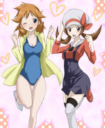 Rule 34 | 00s, 2girls, adapted costume, aged up, bad id, bad pixiv id, blue eyes, blush, breasts, brown eyes, brown hair, cabbie hat, cleavage, competition swimsuit, creatures (company), dress shirt, game freak, gym leader, happy, hat, hat ribbon, heart, highres, large breasts, lyra (pokemon), medium breasts, misty (pokemon), multiple girls, nintendo, one-piece swimsuit, one eye closed, orange hair, overalls, pokemon, pokemon hgss, red ribbon, ribbon, shirt, short twintails, smile, socks, spiked hair, standing, standing on one leg, swimsuit, thigh gap, thighhighs, thighs, toru k, twintails, wink