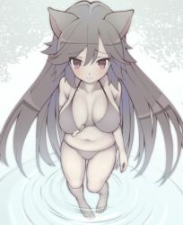 Rule 34 | 1girl, animal ears, bad id, bad pixiv id, barefoot, bikini, black bikini, breast lift, breasts, collarbone, from above, imaizumi kagerou, large breasts, long hair, navel, red eyes, grabbing own breast, smile, soaking feet, solo, swimsuit, touhou, very long hair, wading, water, waves, wolf ears, zuttokodomo