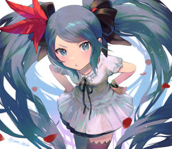 Rule 34 | 1girl, aqua eyes, aqua hair, black ribbon, black thighhighs, blush, bracelet, commentary, cowboy shot, dress, eyebrows hidden by hair, feather hair ornament, feathers, hair ornament, hair ribbon, hands on own hips, hatsune miku, ito taera, jewelry, leaning forward, light blush, long hair, looking at viewer, neck ribbon, petals, pout, red feathers, resolution mismatch, ribbon, short sleeves, source larger, supreme (module), swept bangs, thighhighs, twintails, twitter username, v-shaped eyebrows, very long hair, vocaloid, white background, white dress, world is mine (vocaloid)