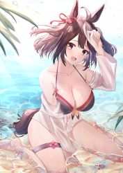 Rule 34 | 1girl, ahoge, animal ears, ankle ribbon, bare shoulders, between legs, bikini, bikini under clothes, black bikini, breasts, brown hair, cleavage, collarbone, crab, elanore, hair ribbon, hand between legs, horse ears, horse girl, horse tail, kitasan black (umamusume), large breasts, leg ribbon, looking at viewer, multicolored hair, off shoulder, open clothes, open mouth, open shirt, red eyes, red ribbon, ribbon, shallow water, shirt, short hair, sitting, streaked hair, swimsuit, tail, thigh strap, two-tone hair, umamusume, wariza, water, white shirt
