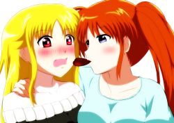 Rule 34 | 2girls, absurdres, blonde hair, blue eyes, blush, chocolate, collarbone, couple, embarrassed, eye contact, fate testarossa, highres, hiranojokyolab, imminent kiss, long hair, looking at another, lyrical nanoha, mahou shoujo lyrical nanoha vivid, multiple girls, open mouth, orange hair, red eyes, side ponytail, simple background, takamachi nanoha, very long hair, wavy mouth, white background, yuri