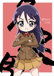 Rule 34 | 1girl, absurdres, text background, black eyes, black hair, border, brown jacket, chi-hatan military uniform, closed mouth, commentary, cowboy shot, crossed arms, frown, girls und panzer, hair ribbon, highres, jacket, kubota rin, long hair, long sleeves, looking at viewer, low-tied long hair, military, military uniform, miniskirt, outline, outside border, pleated skirt, red background, ribbon, skirt, solo, standing, twitter username, uniform, v-shaped eyes, white border, white outline, white ribbon, yamakake (tororo1293), yellow skirt