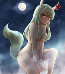 Rule 34 | 1girl, backlighting, breasts, convenient censoring, ex-keine, full moon, green hair, hair censor, horn ornament, horn ribbon, horns, kamishirasawa keine, koto (shiberia39), large breasts, long hair, looking at viewer, moon, night, night sky, nude, red eyes, ribbon, sky, smile, solo, star (sky), tail, touhou