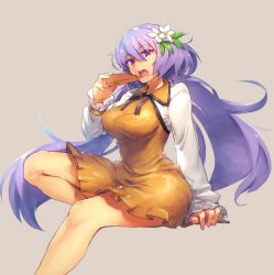 Rule 34 | 1girl, breasts, cowboy shot, curvy, dress, eating, female focus, flower, food, food on face, hair flower, hair ornament, large breasts, long hair, long sleeves, looking at viewer, melon22, open mouth, purple background, purple eyes, purple hair, simple background, sitting, skirt, solo, taut clothes, taut dress, tongue, touhou, tsukumo benben, very long hair, wide hips