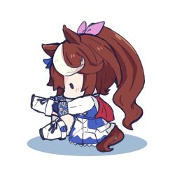 Rule 34 | 1girl, animal ears, asymmetrical gloves, blue gloves, blue jacket, blush, boots, brown hair, chibi, colored shadow, commentary request, full body, gloves, hair ribbon, horse ears, horse girl, horse tail, jacket, knee boots, long hair, long sleeves, mismatched gloves, multicolored hair, nozo (hitomiz), pink ribbon, pleated skirt, ponytail, profile, ribbon, shadow, sitting, skirt, solid oval eyes, solo, streaked hair, tail, tokai teio (umamusume), umamusume, very long hair, white background, white footwear, white gloves, white hair, white skirt