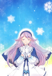 Rule 34 | ask (dreaming cat), cross, earrings, closed eyes, gloves, highres, jewelry, long hair, necklace, nun, purple hair, snowflakes, solo
