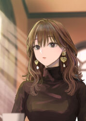 Rule 34 | 1girl, absurdres, blurry, blurry background, brown hair, closed mouth, commentary, cup, dated commentary, depth of field, earrings, english commentary, expressionless, fuyutsuki (koori zokusei danshi), hair between eyes, heart, heart earrings, highres, indoors, jewelry, koori zokusei danshi to cool na douryou joshi, light rays, lipstick, long hair, long sleeves, looking at viewer, makeup, official art, solo, sunbeam, sunlight, teacup, tonogaya, turtleneck, upper body, wavy hair