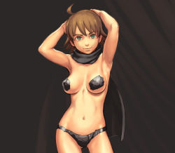 Rule 34 | 00s, 1girl, ahoge, armpits, arms behind head, awakened miki, breasts, brown hair, ebinera, face, green eyes, hoshii miki, idolmaster, idolmaster (classic), large breasts, pasties, scarf, short hair, solo, tape, tape on nipples