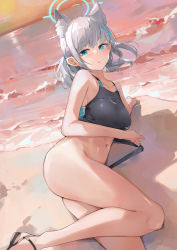 Rule 34 | 1girl, ahoge, animal ear fluff, animal ears, ass, bare arms, bare legs, beach, blue archive, blue eyes, blush, breasts, bright pupils, clothes pull, competition swimsuit, cross hair ornament, dema hmw, dutch angle, evening, extra ears, feet out of frame, grey hair, hair ornament, halo, highres, legs, looking at viewer, lying, medium breasts, medium hair, mismatched pupils, navel, ocean, on floor, on side, one-piece swimsuit, one-piece swimsuit pull, parted lips, ponytail, pulled by self, revision, sandals, shiroko (blue archive), shiroko (swimsuit) (blue archive), sky, solo, swimsuit, thighs, two-tone swimsuit, water, white pupils
