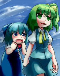Rule 34 | 2girls, babato, bad id, bad pixiv id, blue eyes, blue hair, bow, chain, cirno, collar, daiyousei, dress, empty eyes, green eyes, green hair, hair bow, leash, multiple girls, open mouth, short hair, side ponytail, tears, touhou, wings