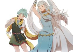 Rule 34 | 1boy, 1girl, bare shoulders, blue hair, brother and sister, cape, dancing, darkgreyclouds, dress, closed eyes, fire emblem, fire emblem: the blazing blade, flute, hair ornament, instrument, long hair, nils, ninian, nintendo, short hair, siblings, smile, white background